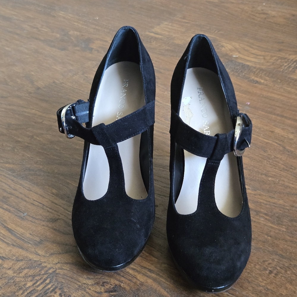 Franco Sarto Nalia Sz 8.5 Mary Jane Pumps Black Suede T Strap Leather Platform